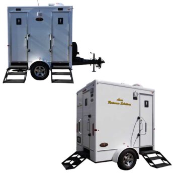 Two portable toilets on wheels attached to a trailer in Rancho Cordova, CA.
