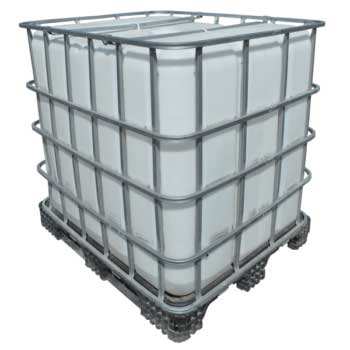 A large white plastic intermediate bulk container (IBC) secured within a metal cage frame. The container has a square base and rests on a structured platform, commonly used for transporting and storing liquids and bulk materials.